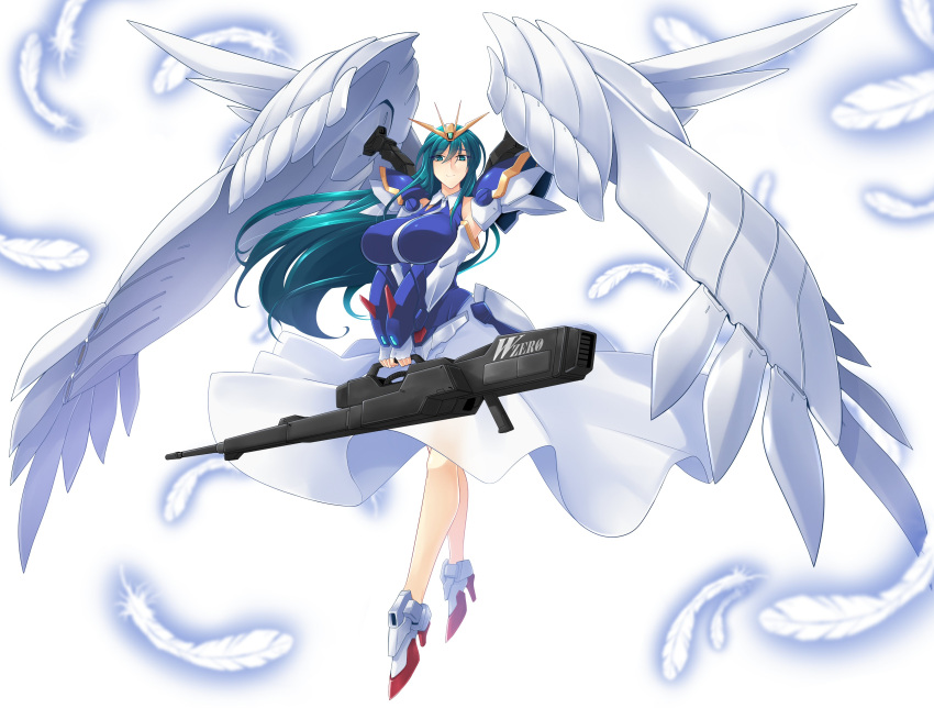 1girl absurdres aqua_hair bangs blue_eyes breasts feathers floating floating_hair gun gundam gundam_wing gundam_wing_endless_waltz haganef hair_between_eyes high_heels highres holding holding_gun holding_weapon large_breasts long_hair mecha_musume mechanical_wings personification smile solo v-fin weapon white_background wing_gundam_zero_custom wings