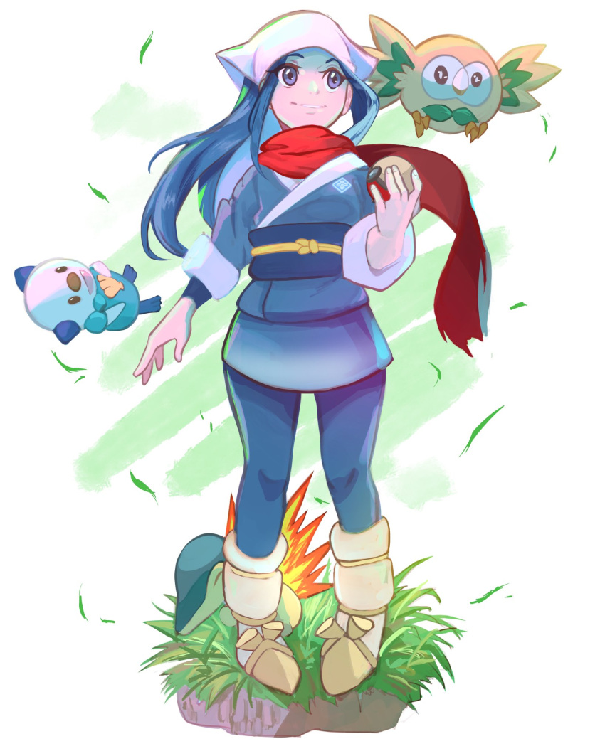 1girl a2t_will_draw bandana blue_hair blue_pants cyndaquil female_protagonist_(pokemon_legends:_arceus) flying gen_2_pokemon gen_5_pokemon gen_7_pokemon grass grey_eyes highres holding holding_poke_ball leaf long_hair looking_up obi open_hand oshawott pants parted_lips poke_ball pokemon pokemon_legends:_arceus rowlet sash scarf smile solo_focus white_bandana