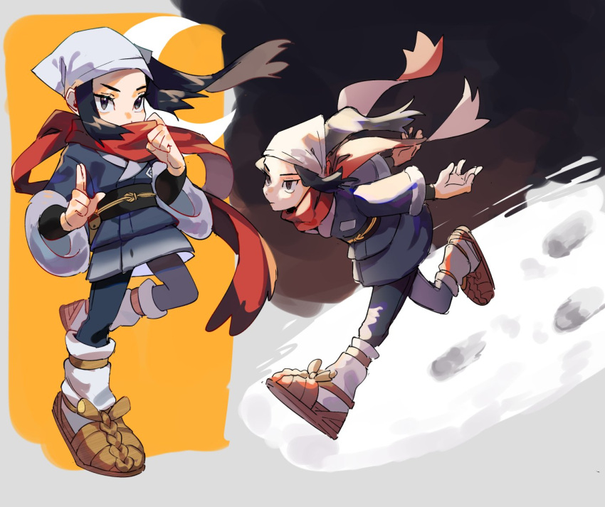 1girl black_hair eyelashes female_protagonist_(pokemon_legends:_arceus) head_scarf holding japanese_clothes long_hair ninja pantyhose pokemon pokemon_legends:_arceus ponytail red_scarf running sandals scarf sheery_sbox sidelocks