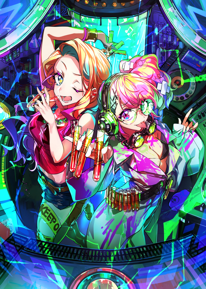 2girls :p ;d absurdres arm_up bandages bangs bare_legs belt blonde_hair blue_shorts bra bracelet breasts brown_belt caution_tape coat eyebrows_visible_through_hair goggles goggles_around_neck hair_ornament headphones highres holding_test_tube jewelry labcoat lightning_background long_hair long_sleeves looking_at_viewer medium_breasts midriff multiple_girls one_eye_closed open_clothes open_coat open_mouth original paint_splatter pinching_sleeves pink_shirt shirt short_shorts shorts side_ponytail sleeveless sleeveless_shirt smile star-shaped_pupils star_(symbol) symbol-shaped_pupils test_tube tongue tongue_out two-tone_bra underwear violet_eyes wattaro white_coat x_hair_ornament