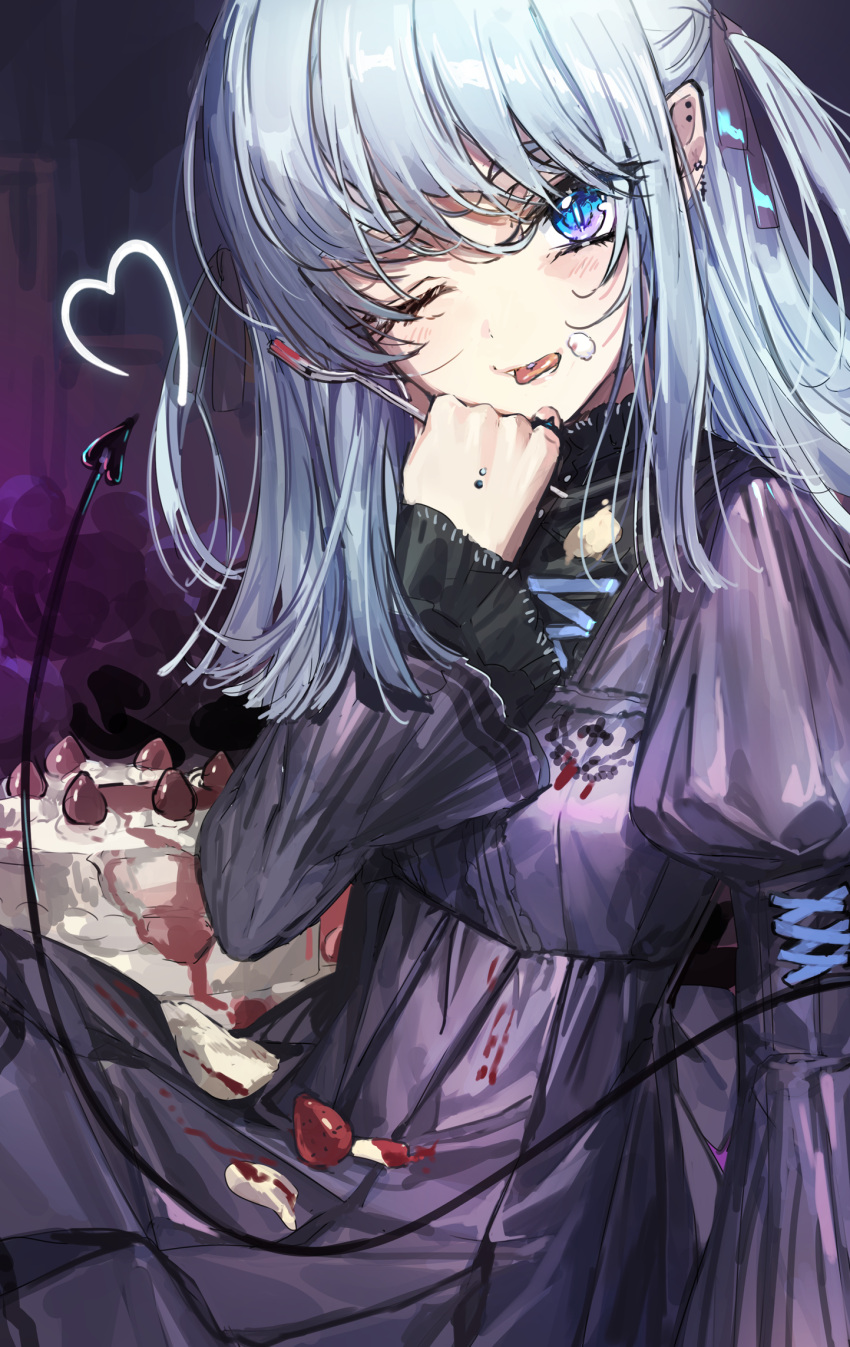 1girl ;p bangs blue_eyes blue_hair blush breasts cake cream cream_on_face demon_tail dress ear_piercing food food_on_face fork fruit heart highres holding holding_fork indian_style juliet_sleeves lace-trimmed_dress lace_trim long_hair long_sleeves looking_at_viewer messy one_eye_closed original piercing pleated_dress puffy_sleeves purple_dress sitting slit_pupils small_breasts strawberry tail thick_eyebrows tongue tongue_out two_side_up wattaro