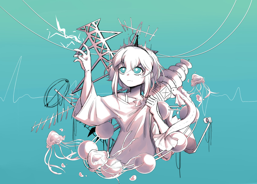 1girl absurdres amano_pikamee aqua_background aqua_eyes bangs black_hairband bra_strap clenched_hand collarbone cropped_torso eel hairband highres jellyfish looking_up milky_(hikikomori-milky) off-shoulder_sweater off_shoulder open_hand power_lines solo spot_color sweater utility_pole virtual_youtuber voms