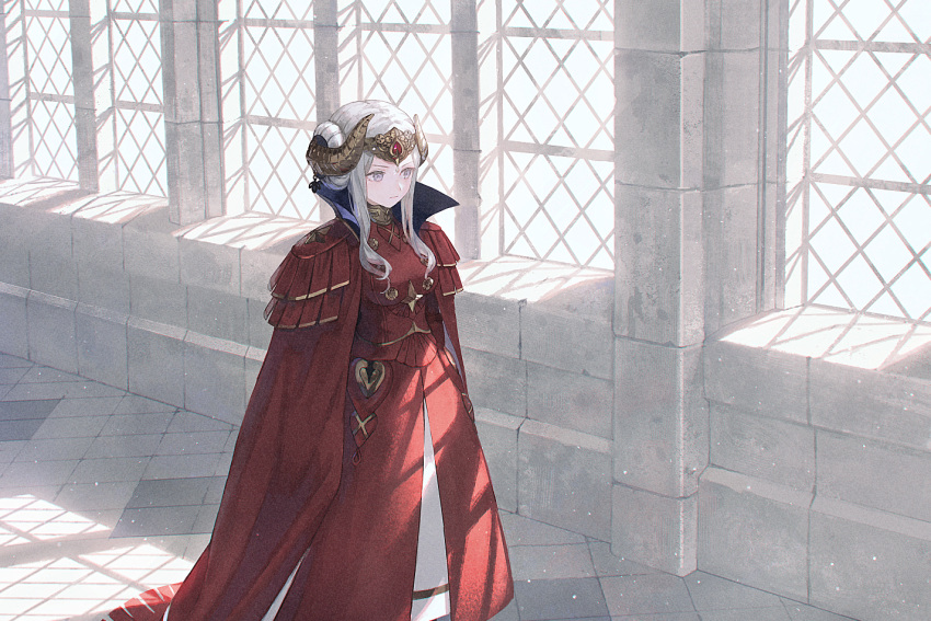 1girl armor cape closed_mouth edelgard_von_hresvelg eotyq58d6do16cs fake_horns fire_emblem fire_emblem:_three_houses gloves horned_headwear horns long_hair long_sleeves red_cape solo violet_eyes white_hair