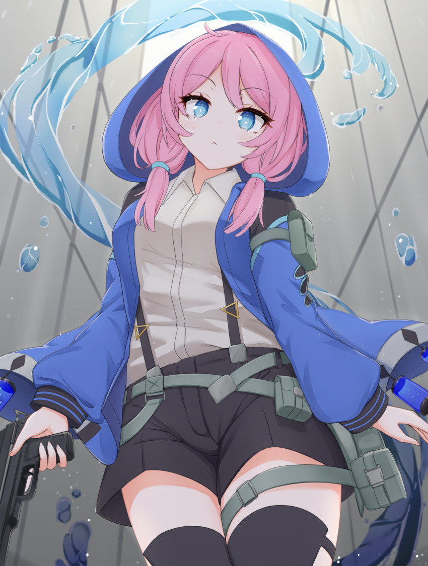1girl :&lt; arknights bangs belt belt_pouch black_legwear black_shorts blue_eyes blue_jacket blue_poison_(arknights) blush bright_pupils closed_mouth collared_shirt cowboy_shot eyebrows_visible_through_hair grey_shirt gun highres holding holding_gun holding_weapon hood hood_up hooded_jacket jacket long_hair long_sleeves looking_at_viewer low_twintails open_clothes open_jacket parted_bangs pink_hair pouch risshu shirt shorts solo suspender_shorts suspenders thigh-highs trigger_discipline twintails water weapon