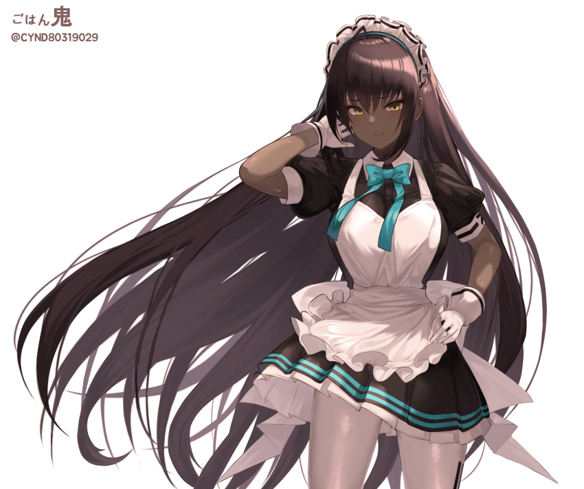 1girl absurdres ahoge apron bangs black_dress blue_archive blue_bow bow bowtie breasts brown_hair cowboy_shot cynd dark_skin dark-skinned_female dress eyebrows_visible_through_hair frilled_apron frills gloves hair_between_eyes halo hand_on_hip highres karin_(blue_archive) large_breasts long_hair looking_at_viewer maid maid_headdress pantyhose pleated_dress puffy_short_sleeves puffy_sleeves shiny shiny_clothes short_sleeves simple_background smile solo very_long_hair white_apron white_background white_gloves white_legwear wind yellow_eyes