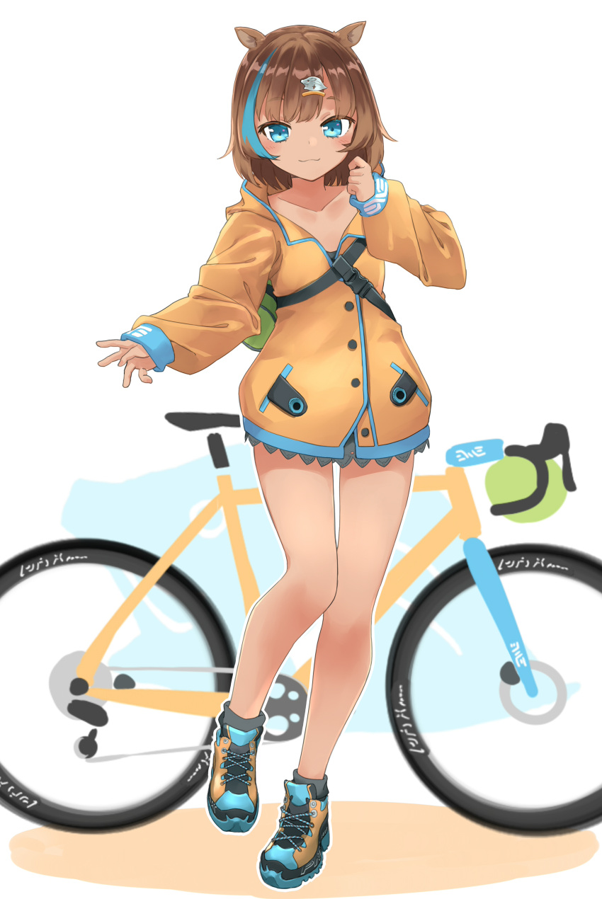 1girl absurdres animal_ears bangs bicycle black_legwear blue_eyes blue_hair blush brown_footwear brown_hair brown_jacket closed_mouth clothes_writing collarbone commentary_request dark_skin dark-skinned_female eyebrows_visible_through_hair full_body ground_vehicle hair_ornament hand_up highres jacket long_sleeves looking_at_viewer multicolored_hair original personification puffy_long_sleeves puffy_sleeves sekira_ame shoes sleeves_past_wrists smile socks solo standing standing_on_one_leg streaked_hair white_background