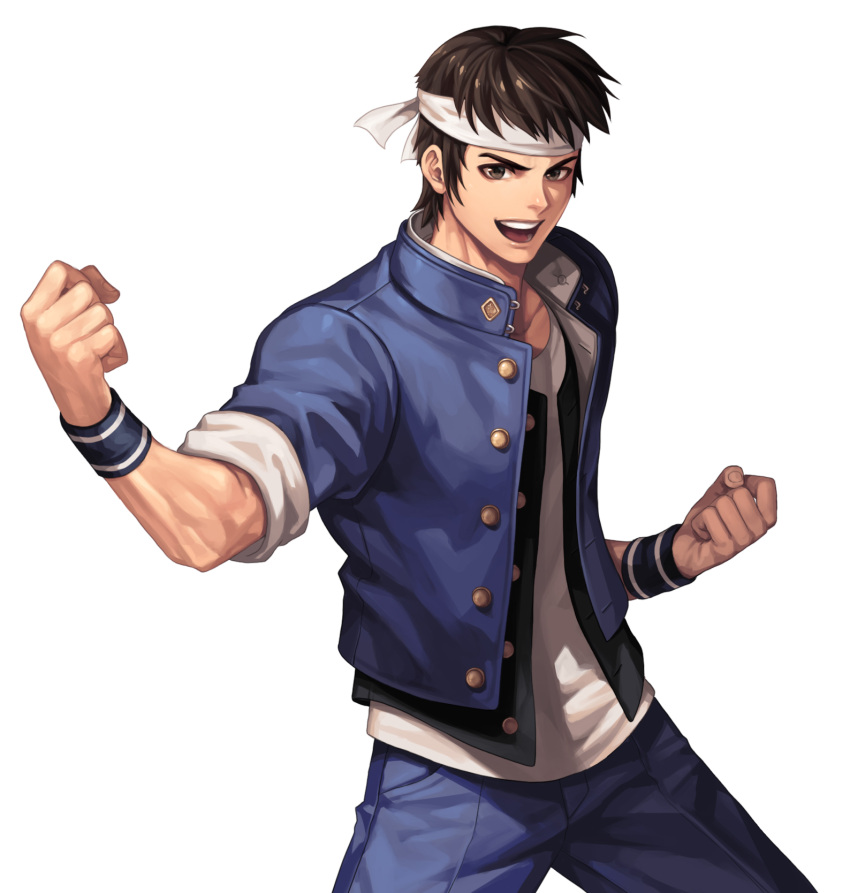 1boy :d bangs black_vest blue_jacket blue_pants brown_eyes brown_hair clenched_hands collarbone commentary_request cowboy_shot evilgun fingernails hand_up happy highres jacket looking_at_viewer male_focus open_clothes open_jacket open_mouth pants school_uniform shiny shiny_hair shirt short_hair simple_background sleeves_rolled_up smile solo standing sweatband the_king_of_fighters the_king_of_fighters_'97 upper_teeth vest white_background white_shirt yabuki_shingo