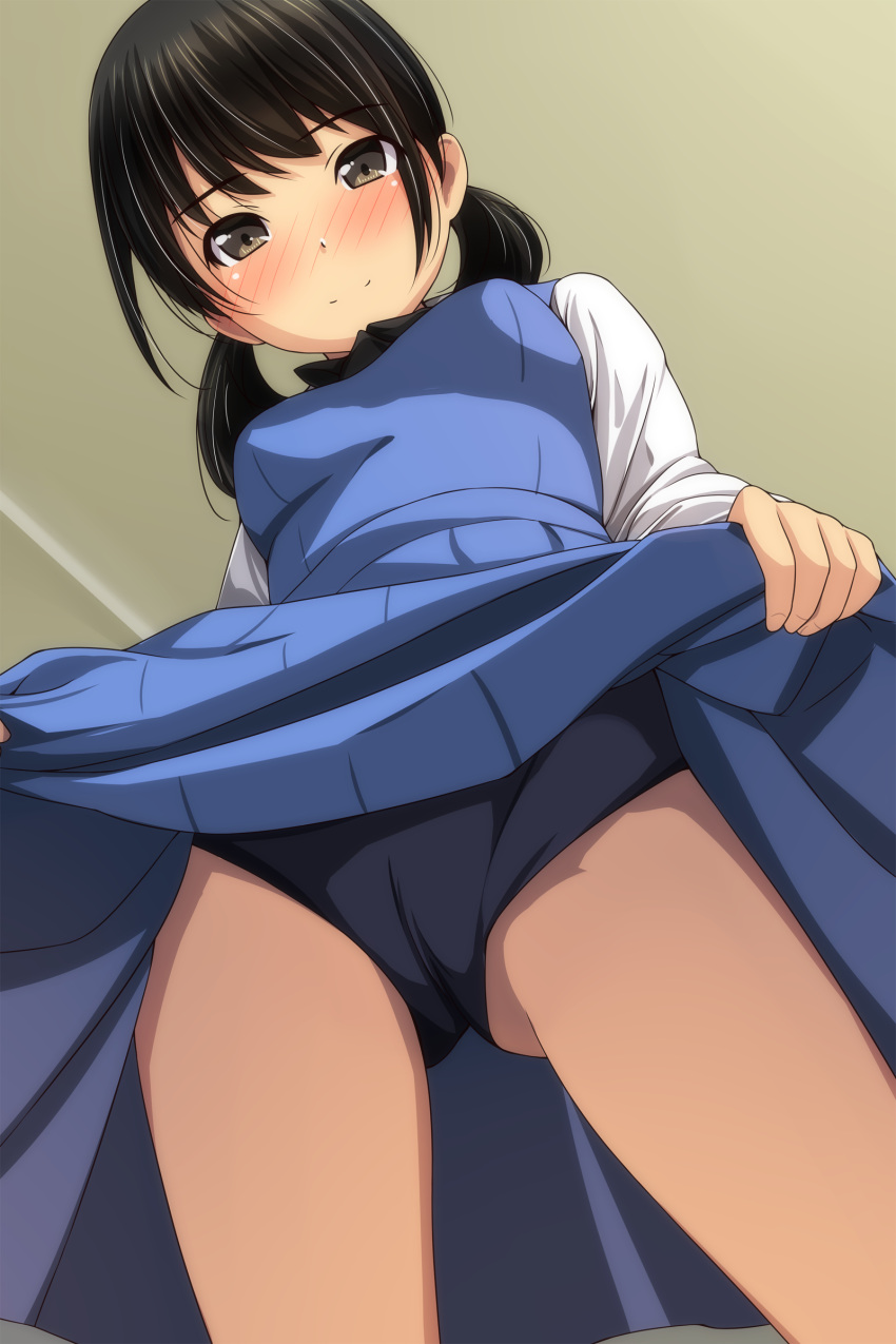 1girl absurdres ass_visible_through_thighs bangs black_hair blue_dress blush breasts brown_eyes closed_mouth dress dress_lift eyebrows_visible_through_hair from_below highres indoors lifted_by_self long_hair long_sleeves looking_at_viewer looking_down low_twintails matsunaga_kouyou nose_blush original shirt small_breasts smile solo standing twintails white_shirt