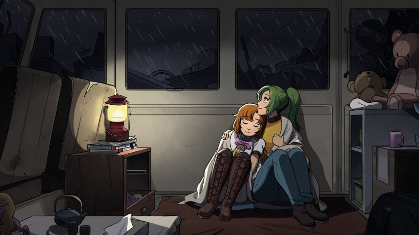 2girls blanket book boots brown_hair chin_on_head cross-laced_footwear green_eyes green_hair hat hat_removed head_on_another's_shoulder head_rest headwear_removed highres higurashi_no_naku_koro_ni junkyard knee_boots knitting_needle lace-up_boots lantern long_hair multiple_girls needle night ponytail rain ryuuguu_rena shirt short_hair sleeping smile sonozaki_shion stuffed_animal stuffed_toy superrisu teddy_bear thighs violet_eyes yarn yarn_ball yellow_shirt