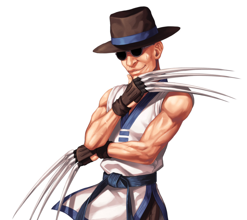 1boy bare_shoulders biceps brown_headwear brown_pants chin_stroking choi_bounge claw_(weapon) commentary_request cowboy_shot dobok evilgun fingernails grey-framed_eyewear hand_on_own_chin hand_up hat highres looking_at_viewer male_cleavage male_focus muscular muscular_male pants parted_lips round_eyewear simple_background sleeveless smile solo standing sunglasses sweatdrop the_king_of_fighters the_king_of_fighters_'97 weapon white_background