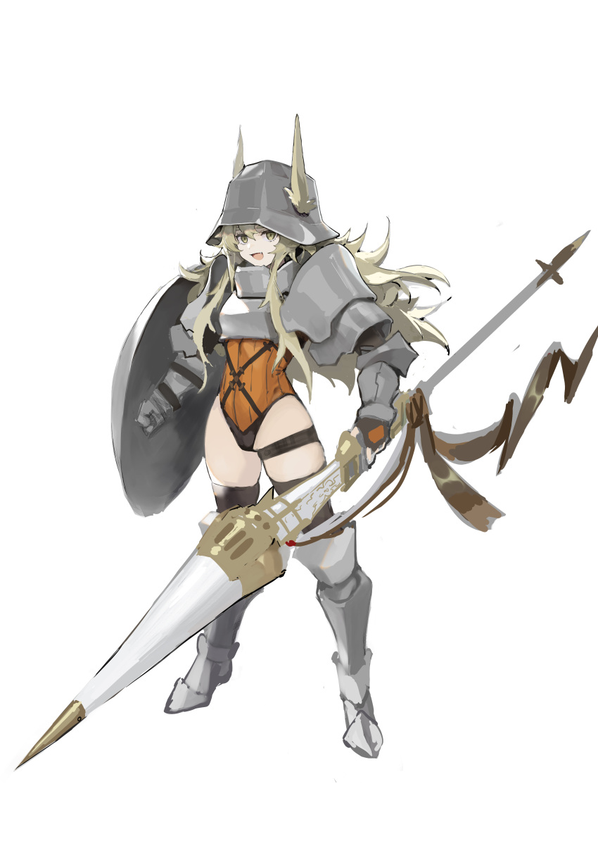 1girl :d absurdres animal_ears armor armored_boots bangs black_gloves black_legwear blonde_hair boots brown_eyes commentary_request ears_through_headwear eyebrows_behind_hair fang fingerless_gloves fox_ears full_body ganida_boushoku gloves hair_between_eyes helmet highres holding holding_polearm holding_shield holding_weapon knight leotard long_hair open_mouth orange_leotard original polearm shield simple_background smile solo spear standing thick_eyebrows thigh-highs very_long_hair weapon white_background