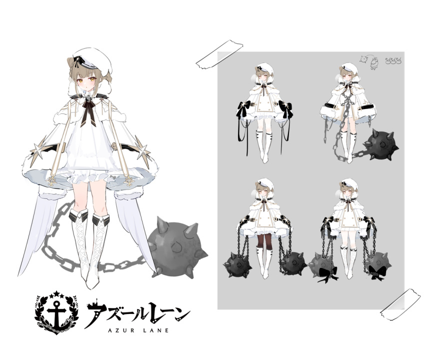 1girl azur_lane black_bow boots bow braid capelet chain chained dress feathered_wings fur-trimmed_capelet fur-trimmed_dress fur_trim gremyashchy_(azur_lane) light_brown_hair multiple_views official_art pantyhose short_dress simple_background sketch solo white_background white_capelet white_footwear wings yyy_(zelda10010)