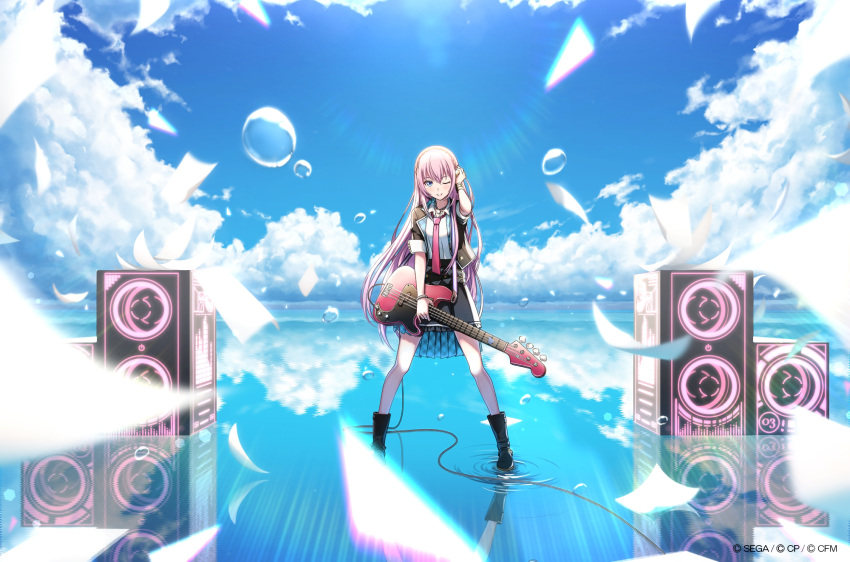 1girl adjusting_hair black_footwear black_jacket black_skirt blue_eyes blue_sky blurry blurry_foreground boots bracelet bubble cable clouds commentary day electric_guitar flying_paper glowing graphic_equalizer guitar highres holding holding_instrument instrument jacket jewelry kokonosexxx lens_flare long_hair looking_at_viewer megurine_luka necktie one_eye_closed paper pink_hair red_neckwear reflection shirt short_sleeves skirt sky smile speaker standing standing_on_liquid sunlight very_long_hair vocaloid white_shirt wide_shot