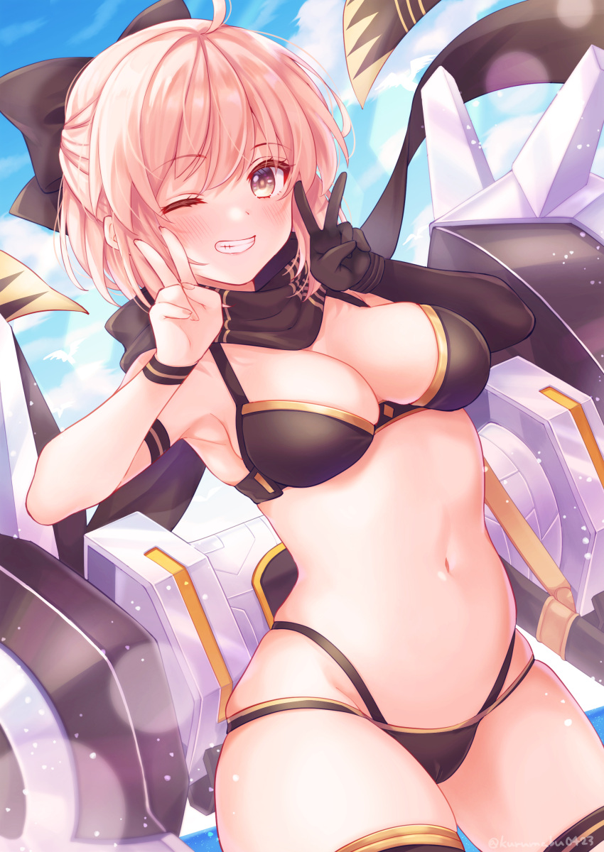 1girl absurdres ahoge bangs bare_shoulders bikini black_bikini black_gloves black_scarf bow breasts brown_eyes double_v elbow_gloves eyebrows_visible_through_hair fate/grand_order fate_(series) gloves hair_bow highres looking_at_viewer medium_breasts navel okita_souji_(fate)_(all) okita_souji_(swimsuit_assassin)_(fate) one_eye_closed pika_mouse scarf short_hair single_glove smile solo swimsuit v
