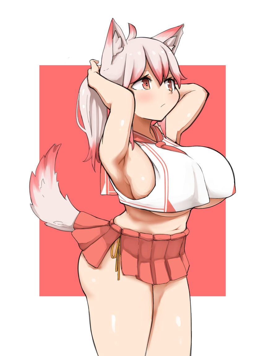 1girl :/ absurdres adjusting_hair ahoge animal_ear_fluff animal_ears armpits arms_up blush breasts crop_top dog_ears dog_tail gradient_hair highres huge_breasts long_hair microskirt midriff multicolored_hair navel original panties ponytail red_eyes red_shirt redhead sakanadaze shirt side-tie_panties sideboob simple_background skirt sleeveless sleeveless_shirt solo tail thighs under_boob underwear white_hair