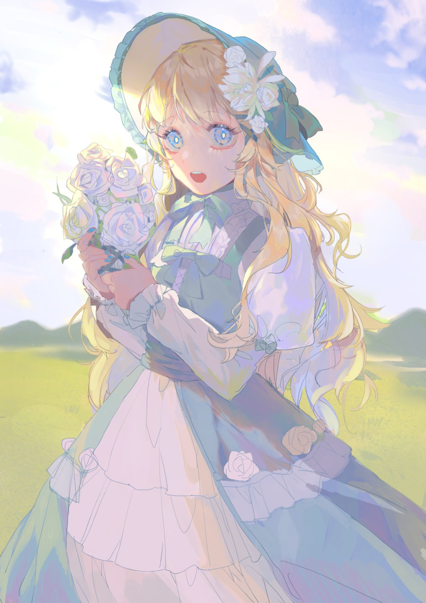 1girl bangs blonde_hair blue_dress blue_eyes blue_headwear bouquet clouds dress flower hat highres hill holding holding_bouquet long_hair luzi/fengli_nanzi open_mouth original rose skirt sky solo symbol_commentary white_flower white_rose white_skirt