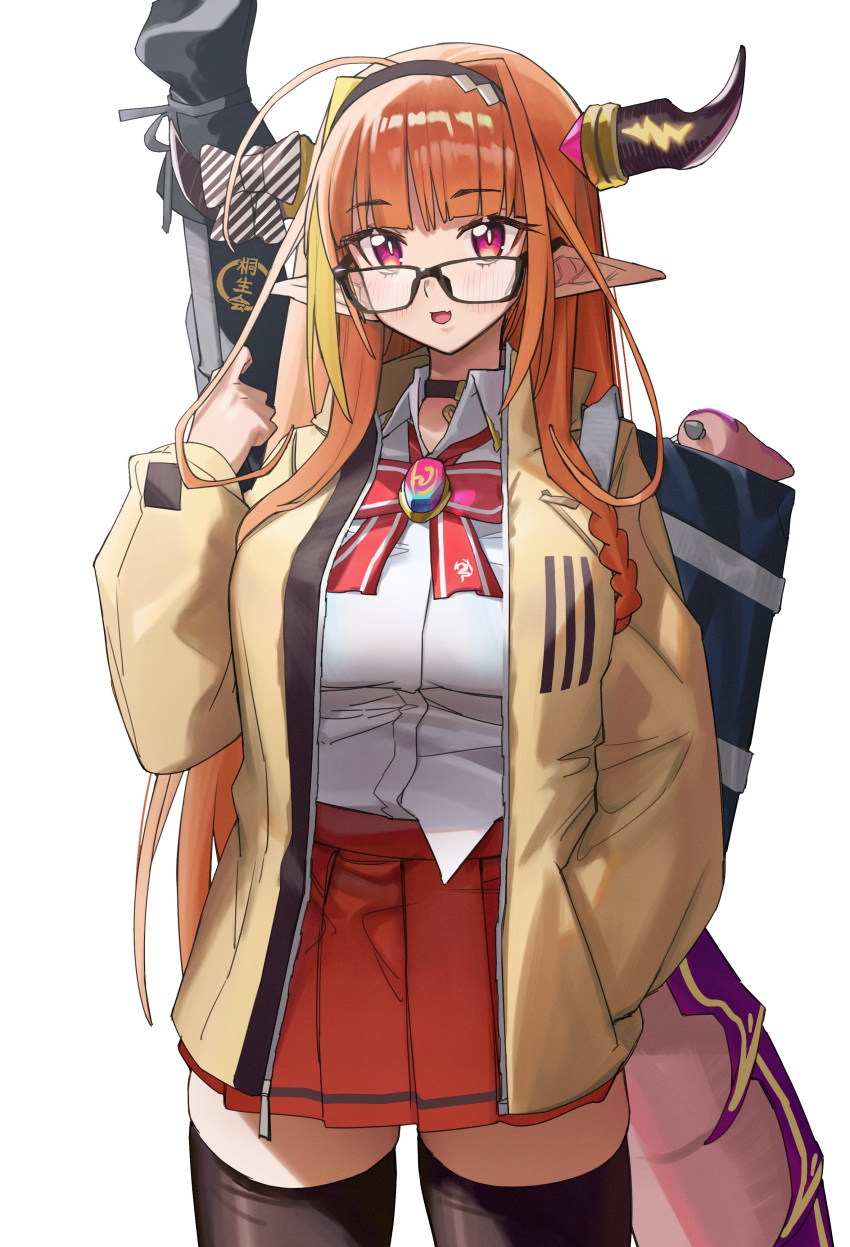 1girl absurdres adapted_costume ahoge alternate_costume bag bespectacled black-framed_eyewear black_choker black_legwear blonde_hair blush bow breasts brooch choker collared_shirt cowboy_shot diagonal-striped_bow dragon_horns dragon_tail english_commentary eyebrows_visible_through_hair fang glasses hairband highres hololive horn_bow horns jacket jewelry kiryuu_coco large_breasts long_hair long_sleeves looking_at_viewer looking_over_eyewear miniskirt multicolored_hair neck_ribbon open_clothes open_jacket open_mouth orange_hair pleated_skirt pointy_ears red_eyes red_neckwear red_ribbon red_skirt ribbon school_bag shirt shirt_tucked_in simple_background skin_fang skirt smile solo streaked_hair tail thigh-highs thighs two-tone_hair virtual_youtuber weapon_bag white_background white_shirt xiaoju_xiaojie yellow_jacket zettai_ryouiki