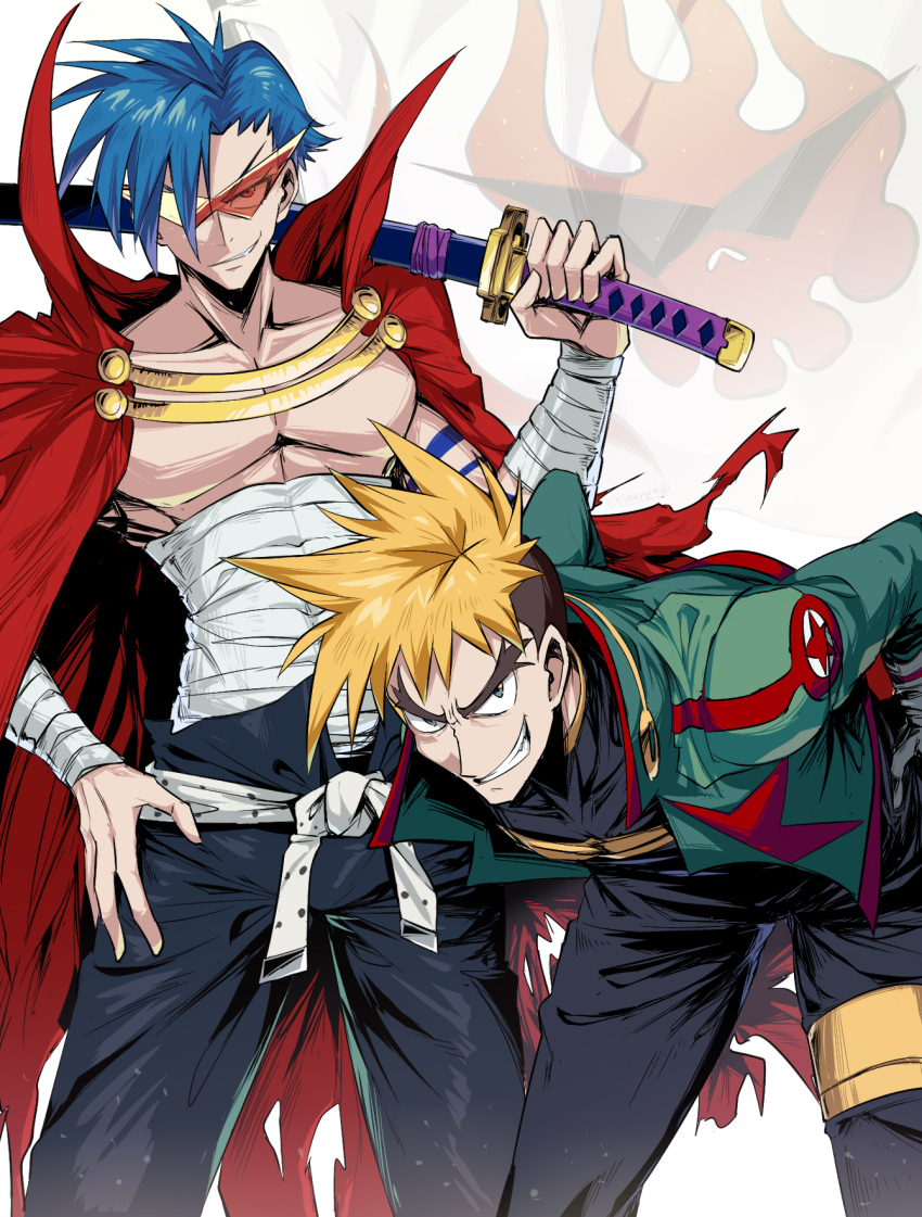 2boys arm_tattoo belt bent_over blonde_hair blue_eyes breasts cape english_commentary flag green_jacket grin highres holding holding_sword holding_weapon jacket kamina_(ttgl) kamina_shades katana kittan_bachika male_focus manly multicolored_hair multiple_boys open_fly pectorals popped_collar red-tinted_eyewear red_cape red_eyes rimless_eyewear sarashi sheath sheathed shimure_(460) shirtless smile spiky_hair sword tattoo tengen_toppa_gurren_lagann thick_eyebrows time_paradox torn_cape torn_clothes two-tone_hair undercut weapon white_belt