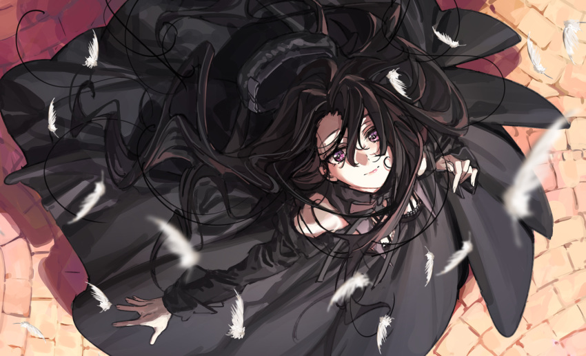 1girl bangs bare_shoulders black_dress black_hair brick_floor check_translation closed_mouth detached_sleeves dress feathers from_above hair_between_eyes long_dress long_hair looking_at_viewer original pleated_dress smile solo translation_request very_long_hair violet_eyes wattaro