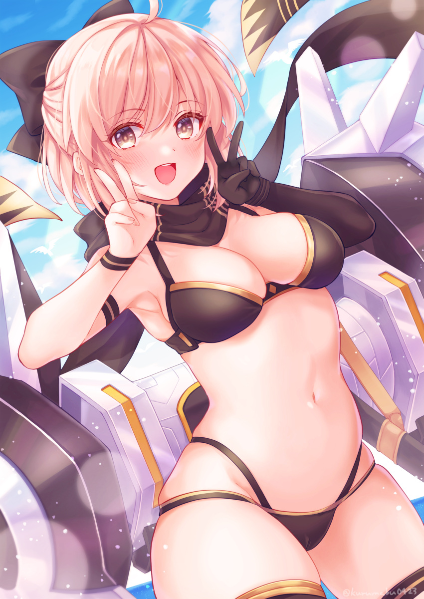 1girl absurdres ahoge bangs bare_shoulders bikini black_bikini black_gloves black_scarf bow breasts brown_eyes double_v elbow_gloves eyebrows_visible_through_hair fate/grand_order fate_(series) gloves hair_bow highres looking_at_viewer medium_breasts navel okita_souji_(fate)_(all) okita_souji_(swimsuit_assassin)_(fate) open_mouth pika_mouse scarf short_hair single_glove smile solo swimsuit v