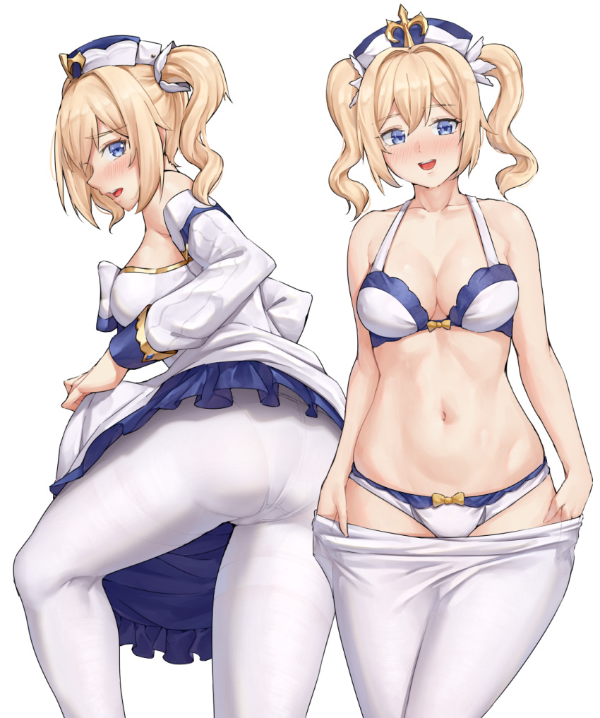 1girl ass barbara_(genshin_impact) blonde_hair blue_eyes bra embarrassed genshin_impact hands_on_hips highres looking_back looking_to_the_side midriff multiple_views navel open_mouth panties panties_under_pantyhose pantyhose sarhce twintails underwear undressing white_background white_bra white_headwear white_legwear white_panties wide_hips