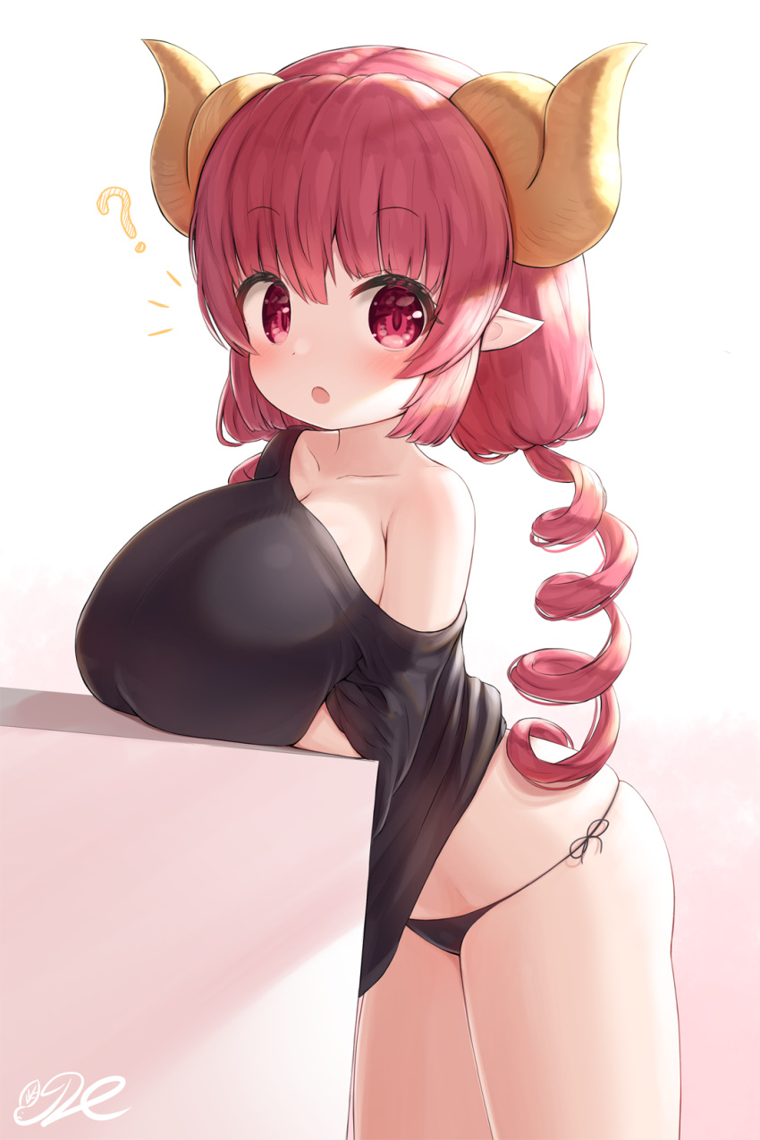 1girl :o ? arm_under_breasts black_panties black_shirt breast_rest breasts collarbone dragon_girl dragon_horns highres horns iruru j2l kobayashi-san_chi_no_maidragon large_breasts long_hair looking_at_viewer off-shoulder_shirt off_shoulder open_mouth oppai_loli panties pointy_ears red_eyes redhead shirt side-tie_panties simple_background single_bare_shoulder solo standing underwear