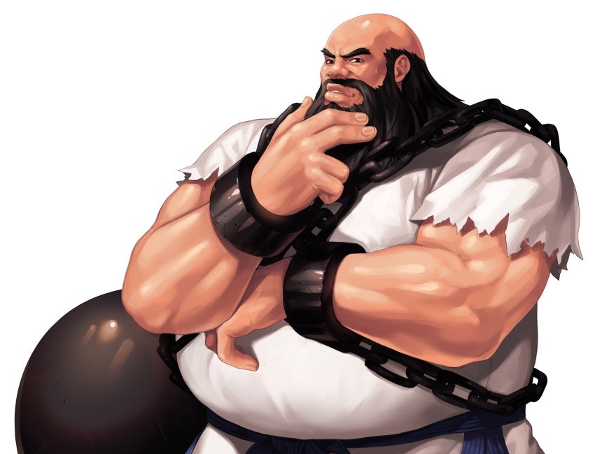 1boy bald ball_and_chain_(weapon) beard biceps black_eyes chang_koehan chin_stroking commentary_request cuffs dobok evilgun facial_hair fat fat_man fingernails hand_on_own_chin hand_up highres iron_ball lips long_sideburns male_focus muscular muscular_male mustache parted_lips shackles short_sleeves sideburns simple_background solo sweatdrop teeth the_king_of_fighters the_king_of_fighters_'97 thick_eyebrows upper_body white_background