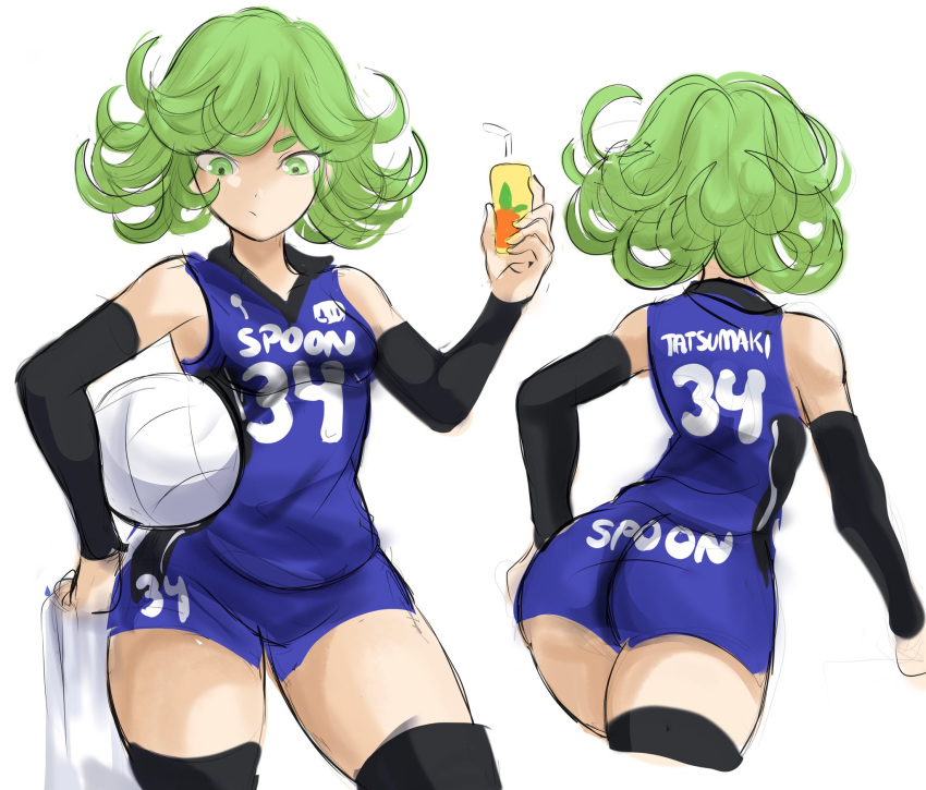 1girl ass ball bangs bare_shoulders black_legwear black_sleeves blue_shirt blue_shorts breasts character_name clothes_writing commentary contrapposto cowboy_shot detached_sleeves drinking_straw green_eyes green_hair hand_up highres holding multiple_views number one-punch_man rakeem_garcia-cueto shirt short_hair shorts sketch small_breasts sportswear standing tatsumaki thigh-highs volleyball volleyball_uniform