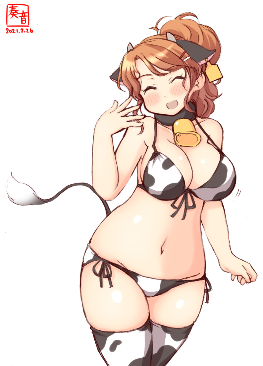 1girl alternate_costume animal_ears animal_print aquila_(kancolle) artist_logo bell bikini breasts closed_eyes commentary_request cow_ears cow_horns cow_print cow_tail cowbell cowboy_shot dated ear_tag fake_animal_ears fake_horns front-tie_top hair_ornament hairclip high_ponytail highres horns kanon_(kurogane_knights) kantai_collection large_breasts long_hair orange_hair side-tie_bikini simple_background solo swimsuit tail thigh-highs wavy_hair white_background white_bikini white_legwear