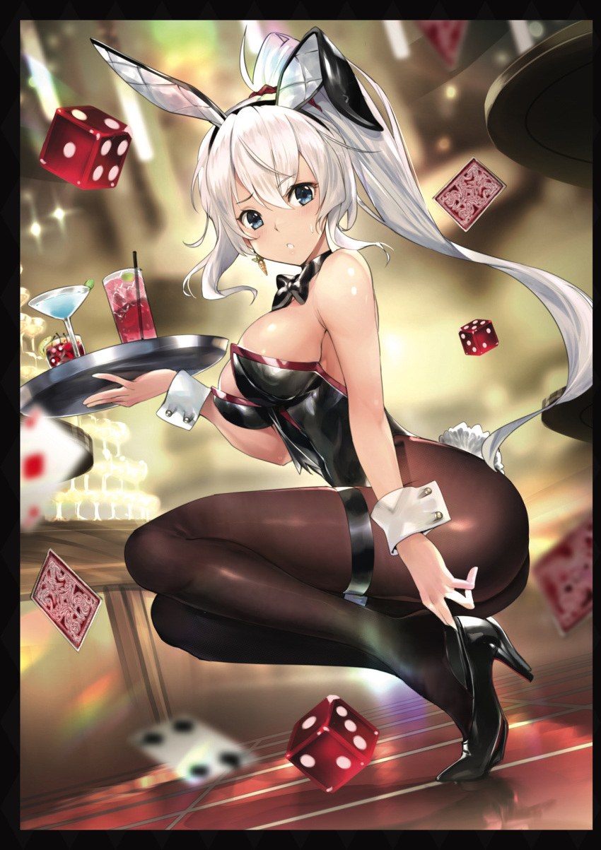 1girl alcohol animal_ears bangs bare_shoulders black_footwear black_leotard blue_eyes blurry blurry_background blush breasts bunny_tail card carrot_earrings cocktail cocktail_glass cup detached_collar dice drinking_glass drinking_straw earrings eyebrows_visible_through_hair fake_animal_ears food_themed_earrings full_body hair_ornament high_heels high_ponytail highleg highleg_leotard highres holding jewelry leotard long_hair medium_breasts original pantyhose parted_lips playboy_bunny ponytail rabbit_ears reflection shiny shiny_clothes shiny_skin simple_background solo squatting strapless strapless_leotard tail teddy_(khanshin) thigh_strap tied_hair tray white_hair wrist_cuffs