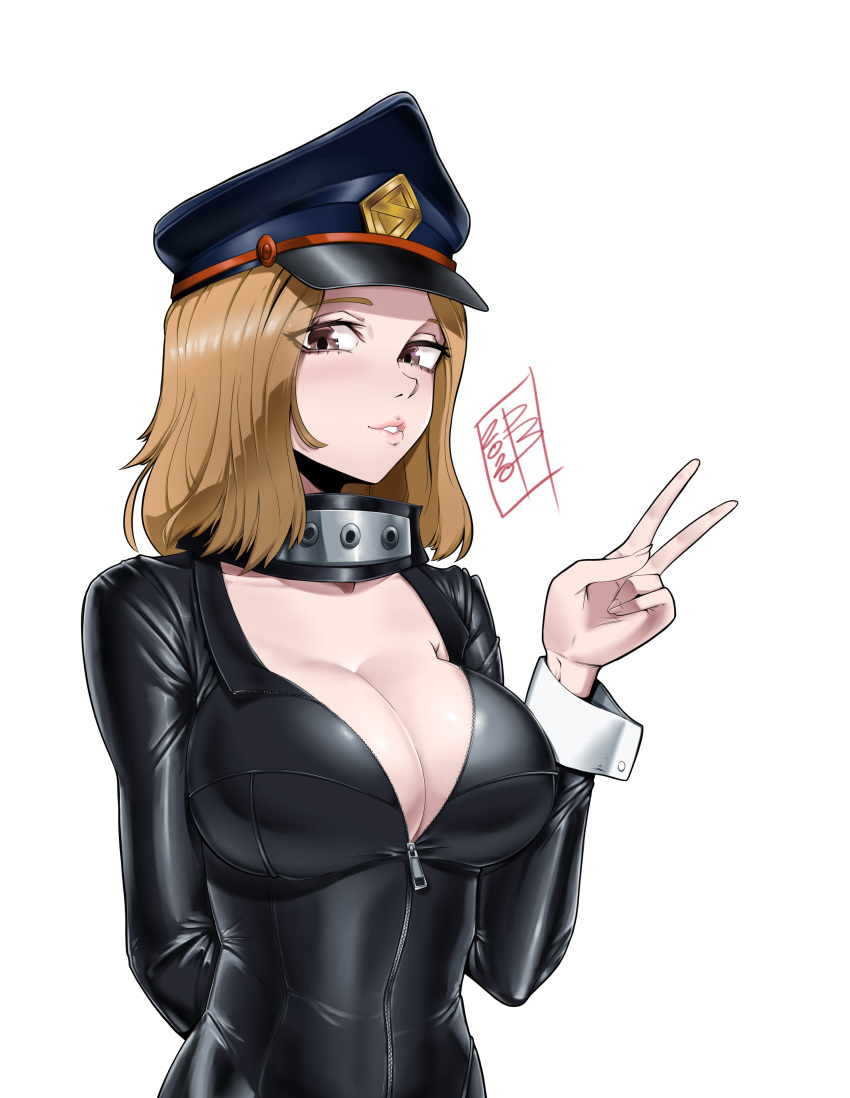 1girl absurdres arm_behind_back black_bodysuit black_headwear bodysuit boku_no_hero_academia breasts brown_eyes brown_hair center_opening damodar eyes_visible_through_hair full-length_zipper hat highres large_breasts long_sleeves looking_at_viewer medium_hair no_bra parted_lips peaked_cap simple_background skin_tight solo unzipped upper_body utsushimi_kemii v white_background zipper zipper_pull_tab