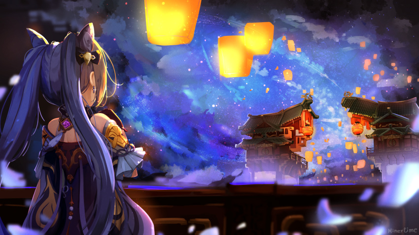 1girl architecture chinese_clothes double_bun east_asian_architecture from_behind genshin_impact highres keqing_(genshin_impact) lantern lantern_festival long_hair minertime night night_sky purple_hair sky solo twintails upper_body vision_(genshin_impact)