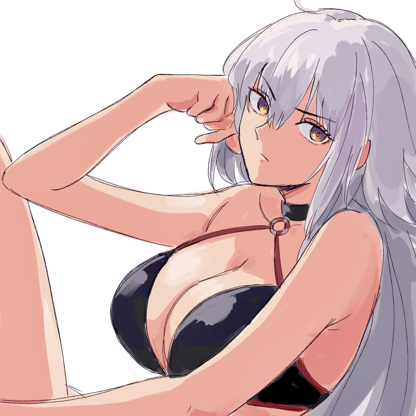 bikini breasts fate/grand_order fate_(series) highres jeanne_d'arc_(alter)_(fate) jeanne_d'arc_(alter_swimsuit_berserker)_(fate) jeanne_d'arc_(fate)_(all) kiriki_(pixiv41779615) large_breasts long_hair simple_background swimsuit white_hair yellow_eyes