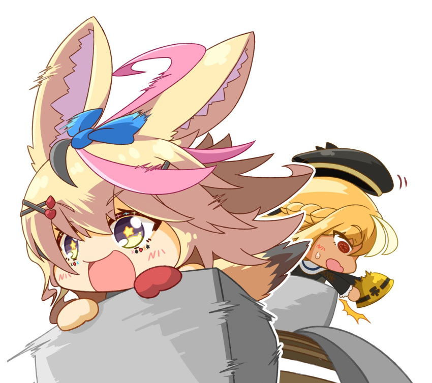 :d animal_ear_fluff animal_ears bangs beret black_hair blonde_hair blush bow braid chibi commentary_request eyebrows_visible_through_hair fox_ears fox_girl fox_tail french_braid gloves hair_between_eyes hair_ornament hat headwear_removed helmet highres holding holding_helmet hololive letterboxed long_hair minecart minecraft multicolored_hair multiple_girls no_nose nokiri omaru_polka open_mouth outline pink_hair red_gloves ribbon shiranui_flare single_glove smile star-shaped_pupils star_(symbol) sweatdrop symbol-shaped_pupils symbol_commentary tail white_outline