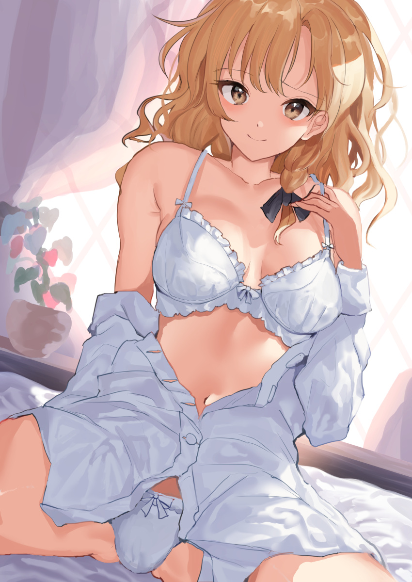 1girl absurdres bare_shoulders black_bow blonde_hair blush bow bra braid breasts curly_hair day hair_bow highres indoors kirisame_marisa kozomezuki long_hair looking_at_viewer medium_breasts midriff navel on_bed panties partially_unbuttoned shirt_pull single_braid sitting sitting_on_bed smile solo spread_legs touhou underwear undressing white_bra white_panties yellow_eyes