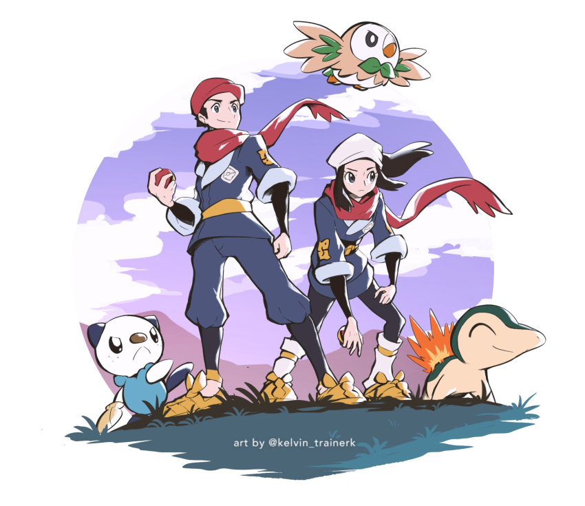 1boy 1girl :&lt; cyndaquil female_protagonist_(pokemon_legends:_arceus) flying gen_2_pokemon gen_5_pokemon gen_7_pokemon hat head_scarf highres holding holding_poke_ball japanese_clothes kelvin-trainerk male_protagonist_(pokemon_legends:_arceus) oshawott poke_ball poke_ball_(legends) pokemon pokemon_(game) pokemon_legends:_arceus red_headwear rowlet serious smile