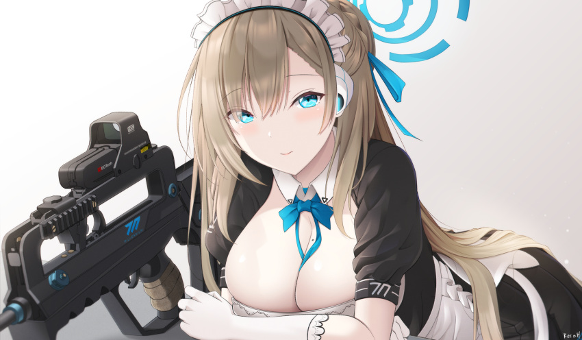 1girl apron artist_name assault_rifle asuna_(blue_archive) bangs black_dress blue_archive blue_bow blue_eyes bow breasts brown_hair bullpup closed_mouth commentary_request dress eyebrows_visible_through_hair famas frilled_apron frills gradient gradient_background grey_background gun hair_between_eyes halo highres keenh large_breasts long_hair maid maid_headdress mole mole_on_breast puffy_short_sleeves puffy_sleeves rifle short_sleeves signature smile solo very_long_hair waist_apron weapon white_apron white_background