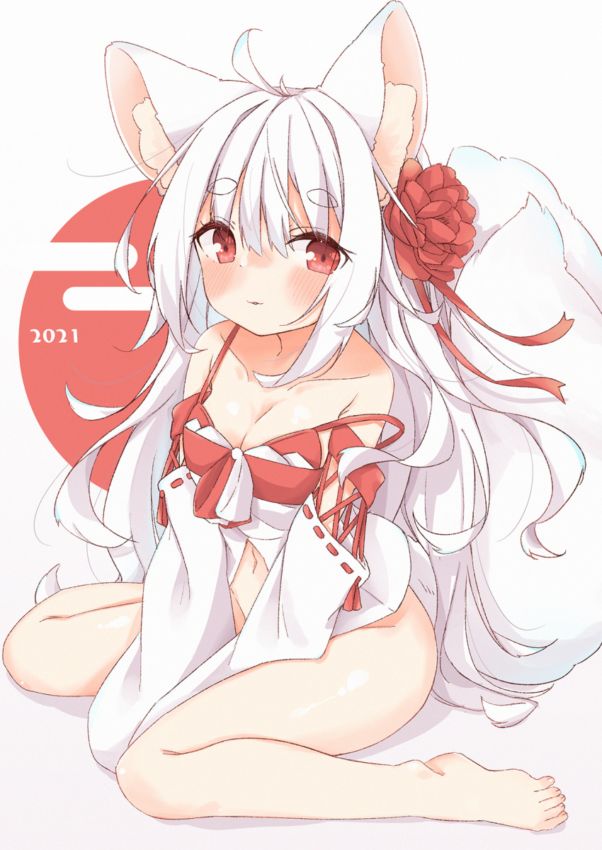 1girl ahoge animal_ear_fluff animal_ears bangs barefoot between_legs blush commentary_request detached_sleeves egasumi eyebrows_visible_through_hair flower fox_ears fox_girl fox_tail groin hair_flower hair_ornament hand_between_legs highres long_hair long_sleeves looking_at_viewer minato_yu_(0514) navel original parted_lips red_eyes red_flower short_eyebrows sitting solo strap_slip tail thick_eyebrows very_long_hair wariza white_background white_hair white_sleeves