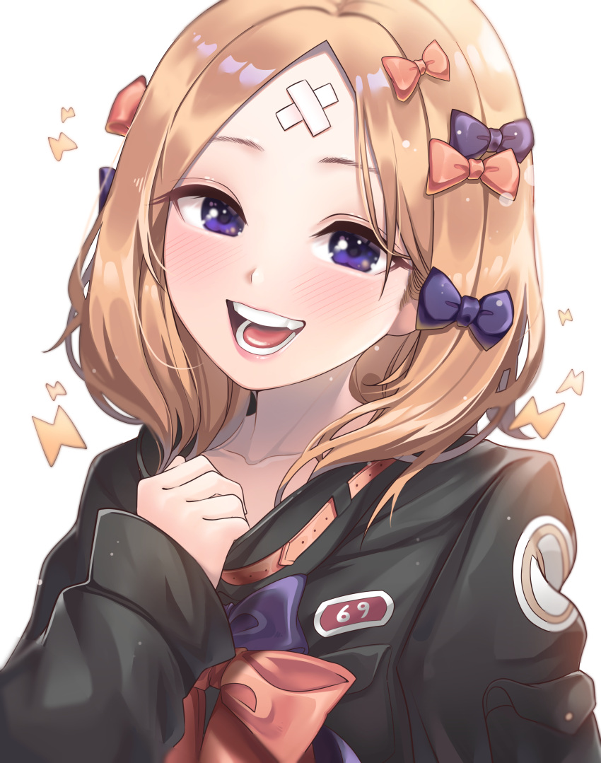 1girl abigail_williams_(fate) absurdres bandaid bandaid_on_forehead bangs black_bow black_jacket blonde_hair blue_eyes blush bow breasts crossed_bandaids fate/grand_order fate_(series) forehead hair_bow heroic_spirit_traveling_outfit high_collar highres jacket long_hair long_sleeves looking_at_viewer multiple_bows netisz open_mouth orange_belt orange_bow parted_bangs small_breasts smile