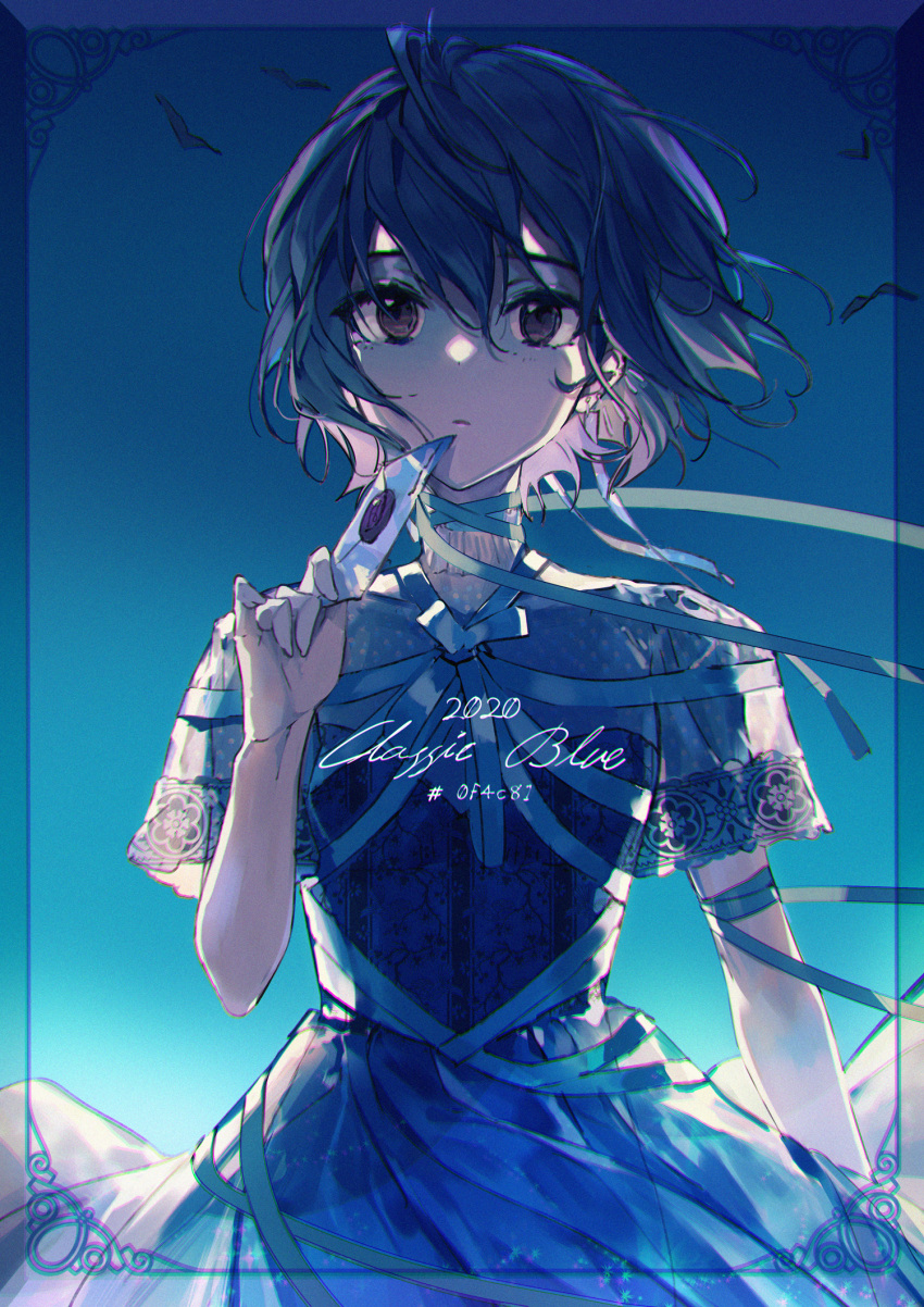 1girl bangs bird blue_dress blue_hair blue_theme closed_mouth dress hair_between_eyes hand_up highres holding holding_letter lace-trimmed_dress lace_trim letter looking_at_viewer neck_ribbon original pleated_dress ribbon short_hair short_sleeves solo violet_eyes wattaro wrapped_up