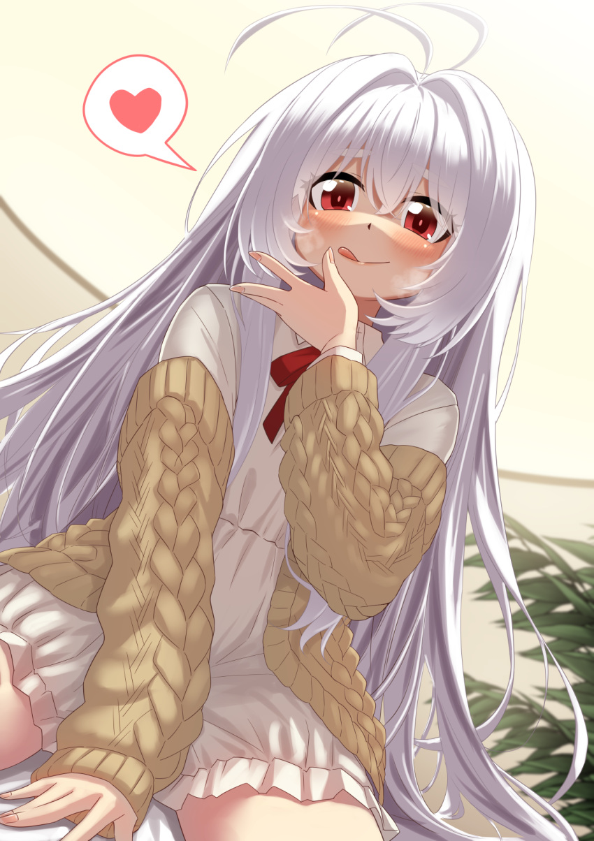 1girl antenna_hair azur_lane bangs between_legs blush bow brown_jacket closed_mouth collared_dress commentary_request dress eyebrows_visible_through_hair frilled_dress frills hair_between_eyes hair_intakes hand_between_legs hand_up heart highres indoors jacket licking_lips long_sleeves looking_at_viewer mizunashi_(second_run) off_shoulder open_clothes open_jacket red_bow red_eyes sitting sleeves_past_wrists smile solo spoken_heart stremitelny_(azur_lane) thick_eyebrows tongue tongue_out white_dress white_hair