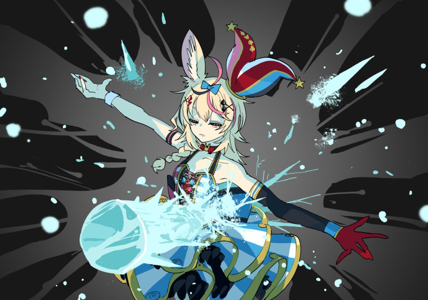 1girl animal_ear_fluff animal_ears blonde_hair blue_bow bow breasts closed_eyes collarbone elbow_gloves fox_ears fox_girl gloves hair_bow hat hololive hololive_alternative jester_cap leaning_back magic mochizuki_maya omaru_polka open_hands red_gloves single_elbow_glove single_glove skirt small_breasts solo striped striped_skirt virtual_youtuber