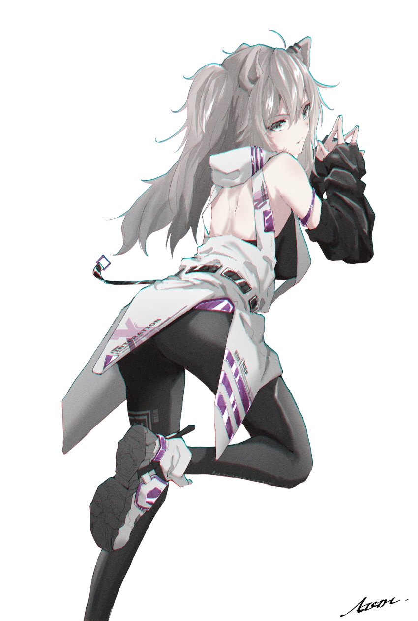 1girl absurdres aleth alternate_costume animal_ears breasts coat detached_sleeves eyebrows_visible_through_hair green_eyes grey_hair hands_together hands_up highres hololive large_breasts leggings long_hair looking_at_viewer looking_back running shishiro_botan shoes signature simple_background solo virtual_youtuber white_background