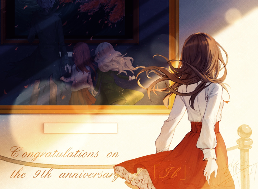 1boy 2girls anniversary black_coat black_dress brown_hair coat commentary_request dated dress english_text floating_hair frilled_skirt frills from_behind highres ib ib_(ib) long_dress long_hair long_sleeves multiple_girls painting_(object) pink_hair red_skirt ryuh_(asahina_neru) shirt shirt_tucked_in signature skirt standing torn_coat white_shirt