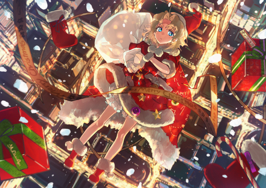 1girl bangs bare_legs blonde_hair blue_eyes boots candy candy_cane cityscape closed_mouth dress eyebrows_visible_through_hair floating food from_above fur-trimmed_dress fur-trimmed_footwear fur-trimmed_gloves fur-trimmed_headwear fur_trim gift gloves hat highres holding holding_sack looking_at_viewer merry_christmas mittens original parted_bangs red_dress red_footwear red_headwear ribbon sack santa_boots santa_costume santa_dress santa_hat short_hair short_sleeves shorts shorts_under_dress wattaro white_shorts