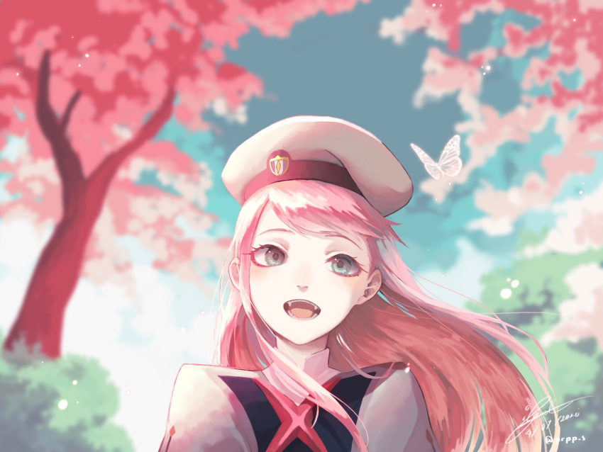 1girl :d bangs blue_sky blurry blurry_background bug bush butterfly collar commentary darling_in_the_franxx dated english_commentary fangs green_eyes hat highres insect jacket looking_at_viewer military military_hat military_uniform open_mouth outdoors p_eter signature sky smile solo teeth tree twitter_username uniform upper_body wind zero_two_(darling_in_the_franxx)