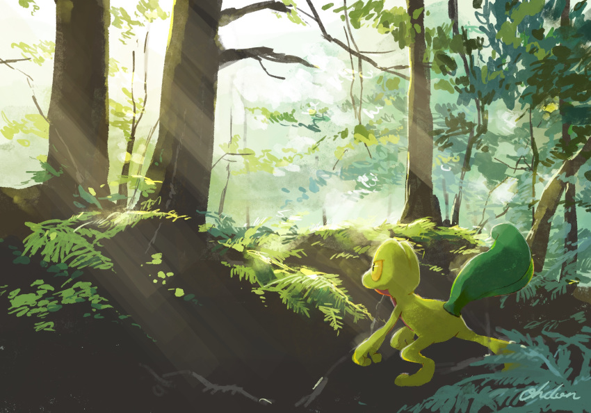 commentary_request day foliage forest gen_3_pokemon highres light_beam nature no_humans ohdon outdoors pokemon pokemon_(creature) signature solo starter_pokemon tree treecko