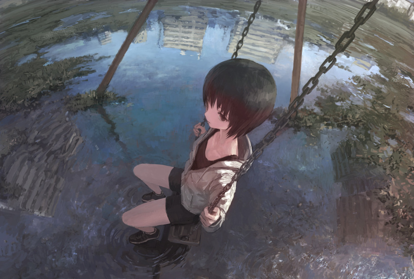 1girl black_eyes black_hair highres hood hooded_jacket jacket original reflection ripples scenery short_hair shorts sitting solo swing_set tokunaga_akimasa