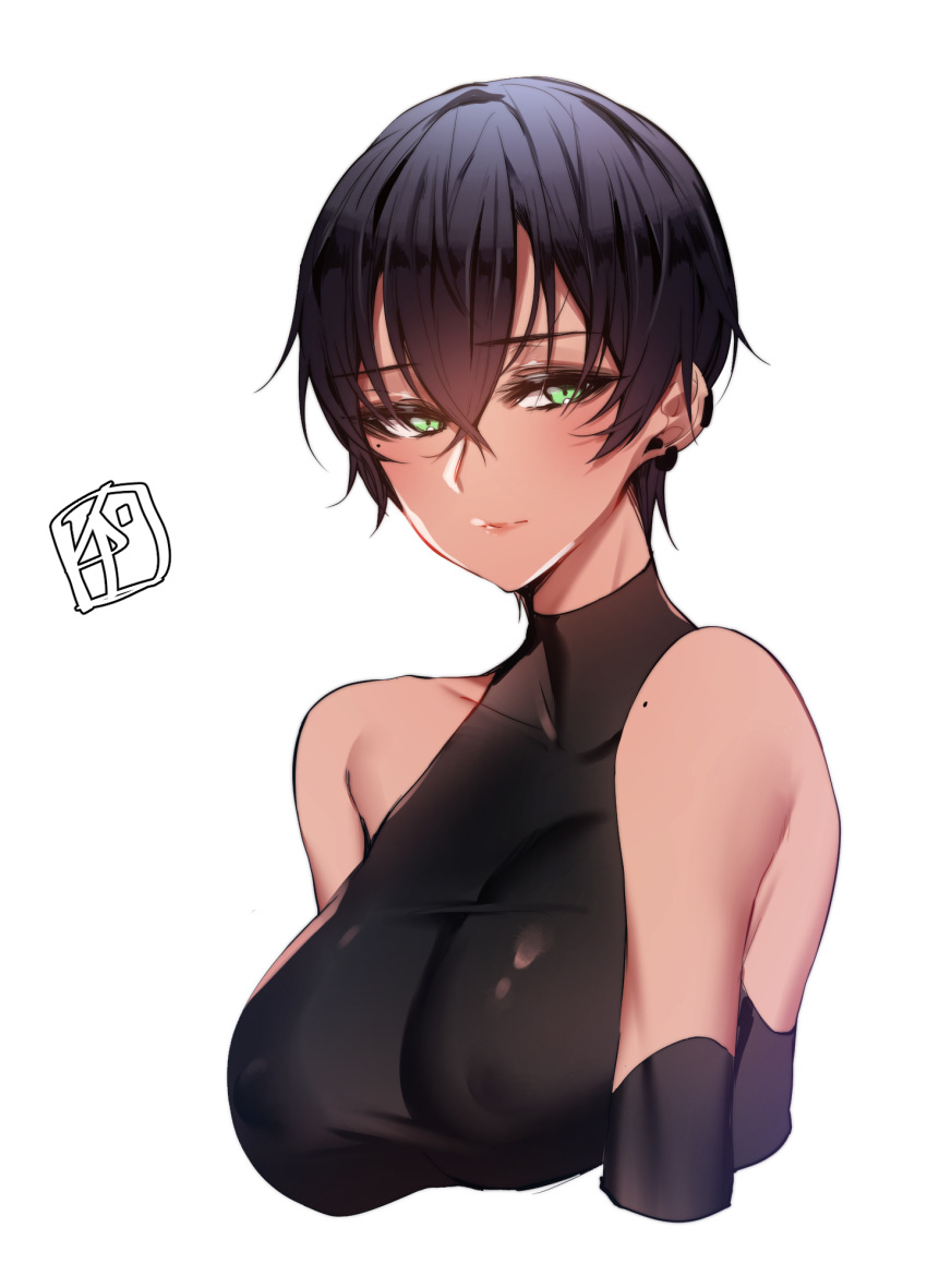 1girl bangs bare_shoulders black_gloves black_hair black_leotard breasts chickenvomit closed_mouth collarbone covered_nipples crossed_bangs earrings elbow_gloves eyebrows_visible_through_hair eyelashes gloves green_eyes hair_between_eyes half-closed_eyes highres jewelry large_breasts leotard looking_at_viewer mole mole_on_shoulder mole_under_eye original piercing short_hair simple_background solo turtleneck_leotard upper_body white_background