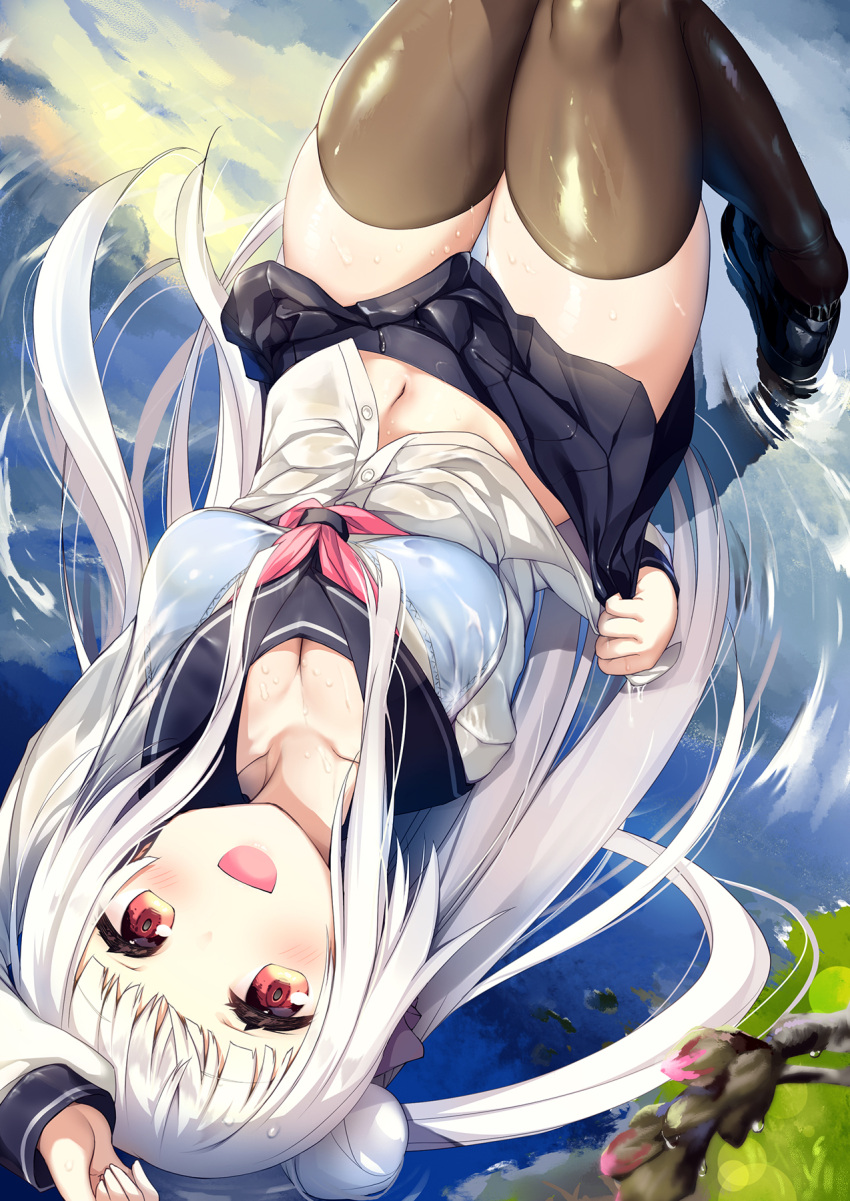 1girl :d arm_up black_skirt blue_bra bra bra_through_clothes breasts brown_legwear collarbone commentary_request highres knees_up long_hair long_sleeves looking_at_viewer lying medium_breasts moe2021 navel no_shoes ochinsama on_back open_mouth original pleated_skirt red_eyes ripples school_uniform see-through serafuku shirt skirt smile solo thigh-highs underwear very_long_hair water wet wet_clothes wet_shirt white_hair white_shirt